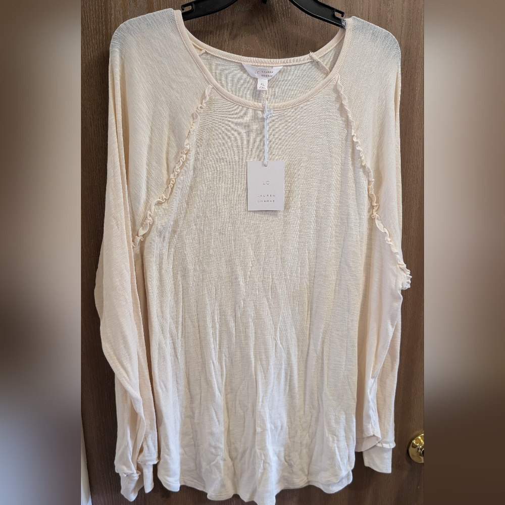 LC Lauren Conrad Women's Cream Blouse with Ruffle Detail